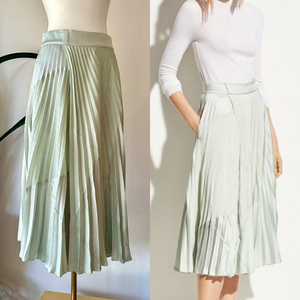 $438 Vince pleated satin midi skirt 2 silvery seafoam green with pockets